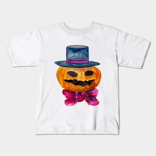 Carved Pumpkin Head with Blue Hat and Bowtie Kids T-Shirt